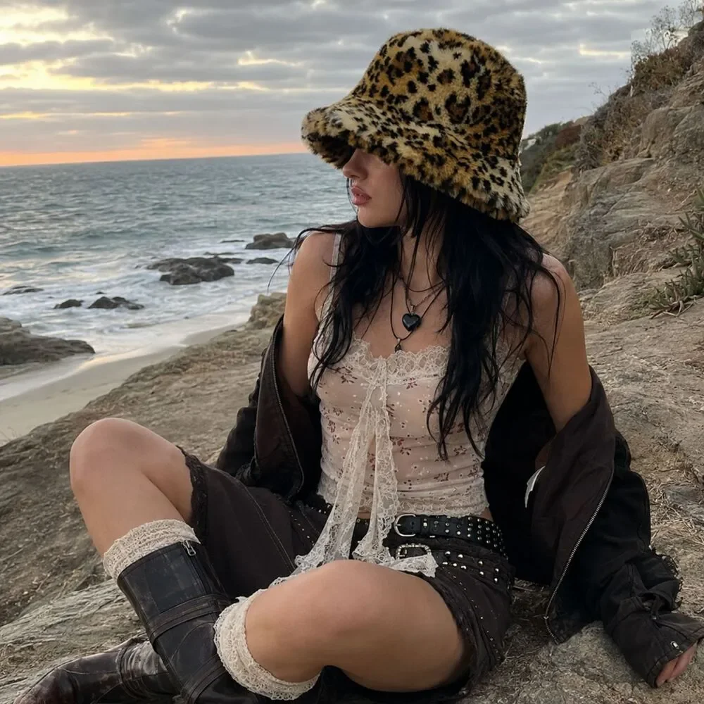 Vintage Y2K Grunge Goth Festival Cheetah Animal Faux Fur Bucket Hat